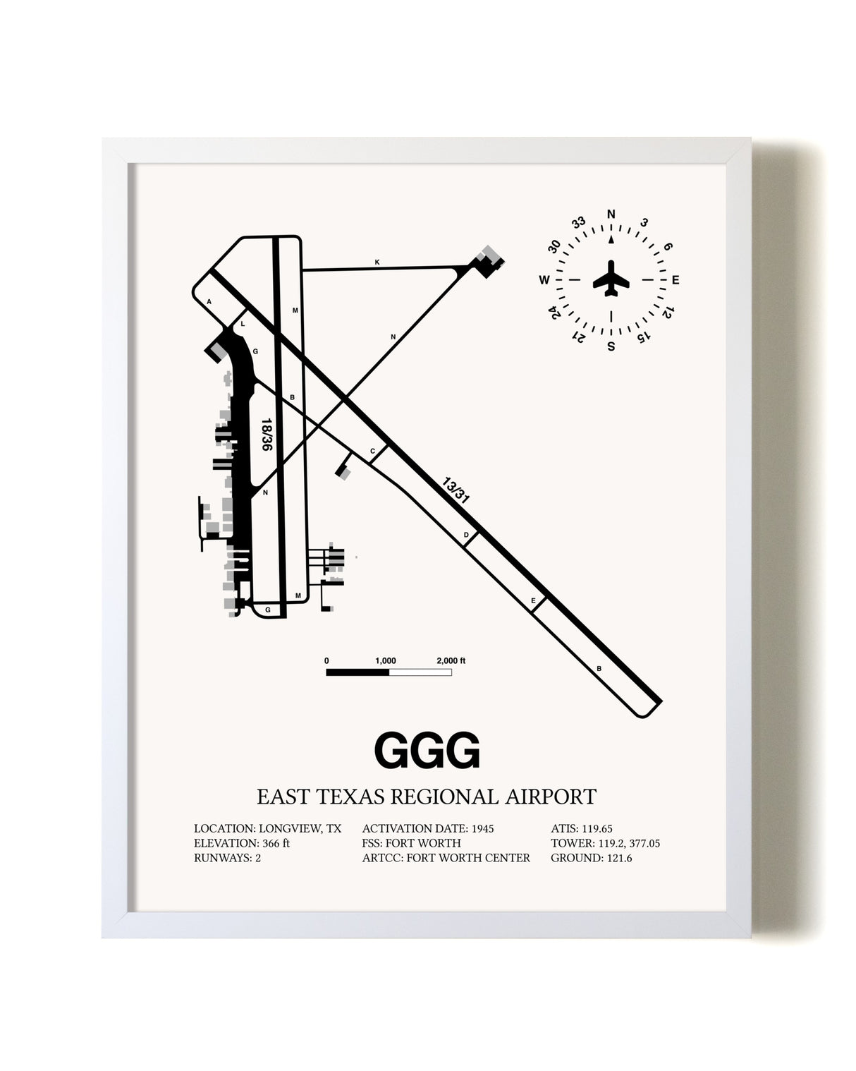 East Texas Regional Airport airport map poster in oak frame