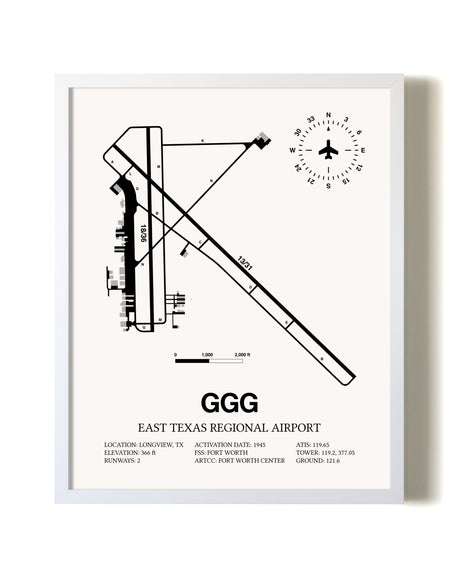 East Texas Regional Airport airport map poster in oak frame