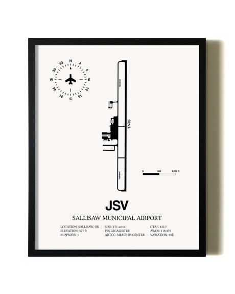 Framed Sallisaw Municipal Airport wall art poster in black frame