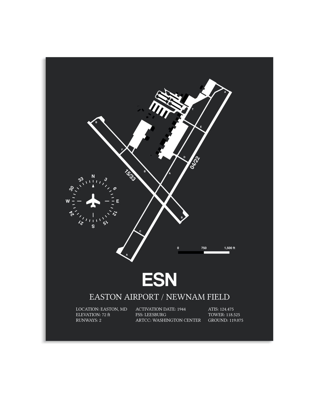 Gray Framed Easton Airport / Newnam Field layout wall art poster