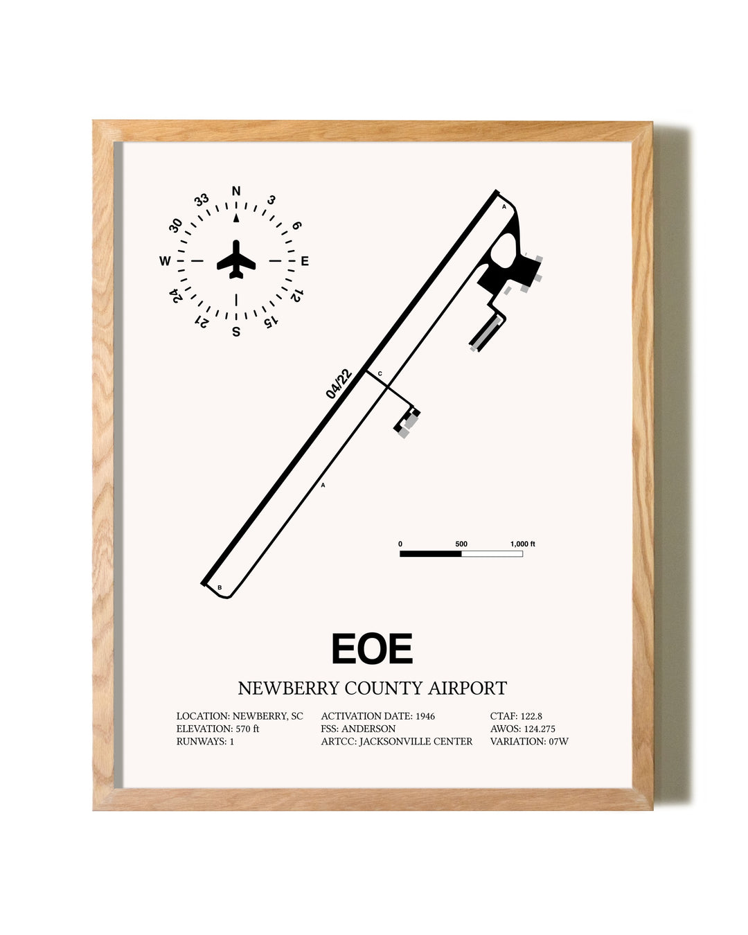 Newberry County Airport framed print in natural wood frame