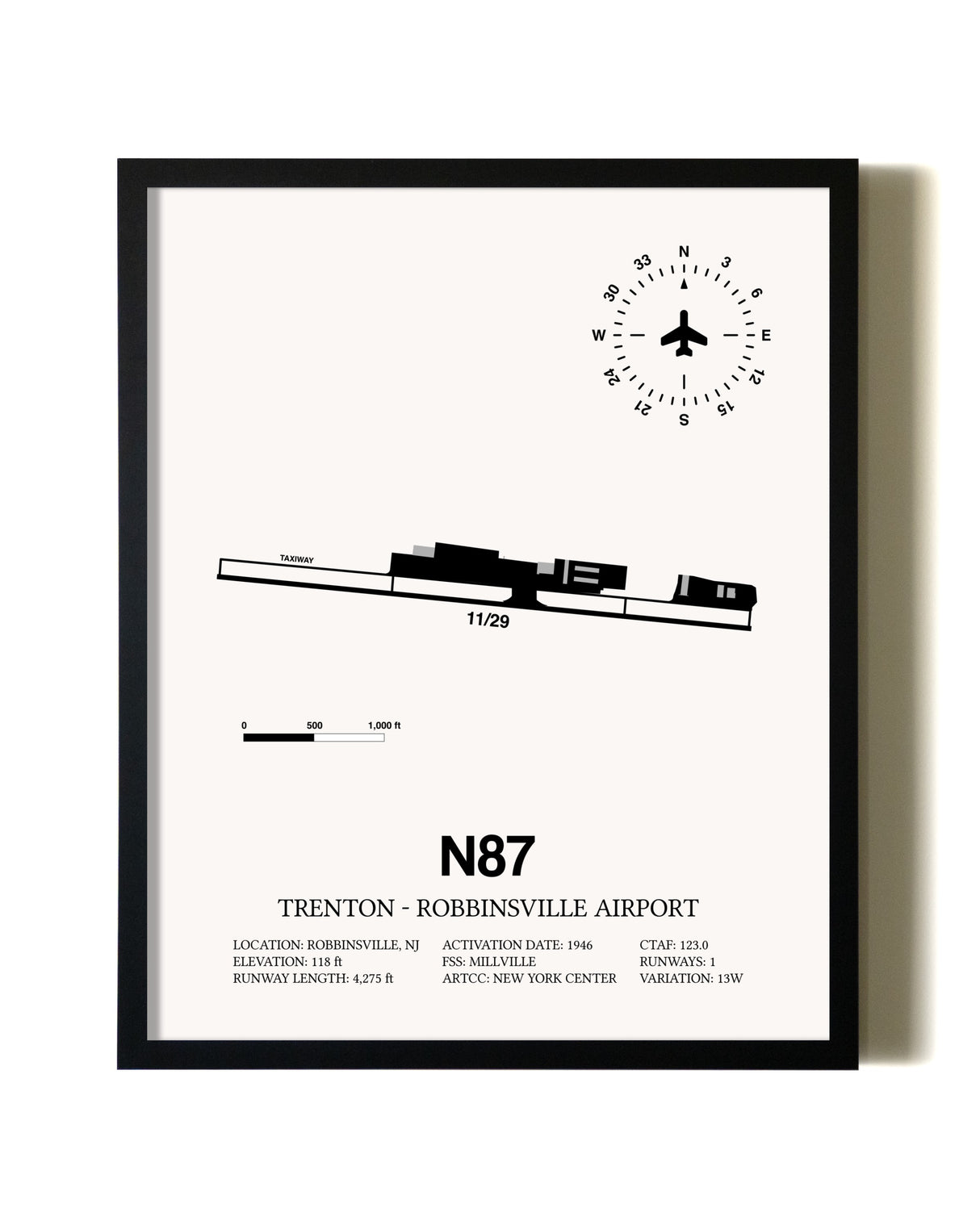 Framed Trenton-Robbinsville Airport wall art poster in black frame