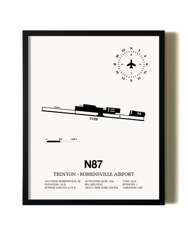 Framed Trenton-Robbinsville Airport wall art poster in black frame