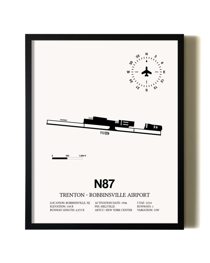 Framed Trenton-Robbinsville Airport wall art poster in black frame