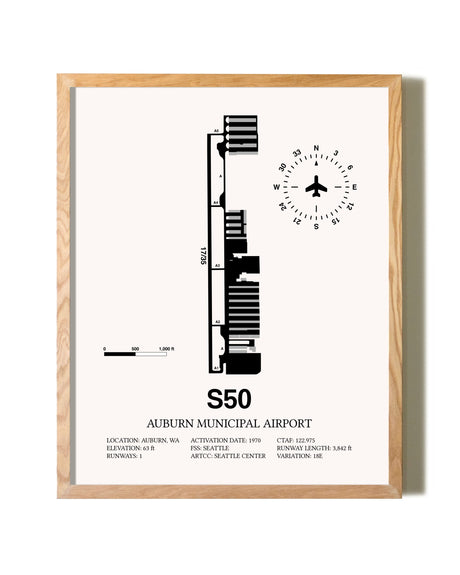 Auburn Municipal Airport framed print in natural wood frame