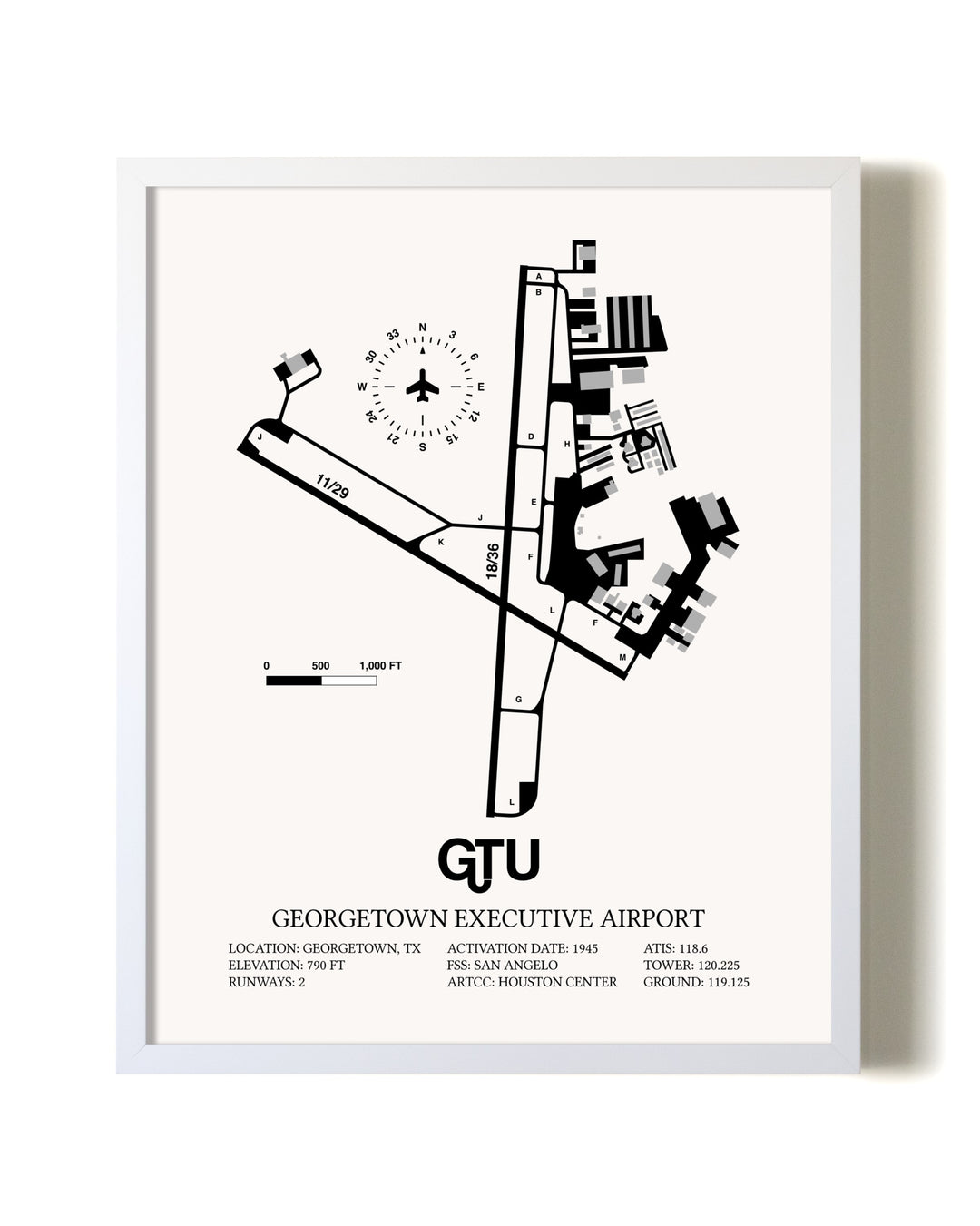 Georgetown Executive Airport At Johnny Gantt Field airport map poster in oak frame