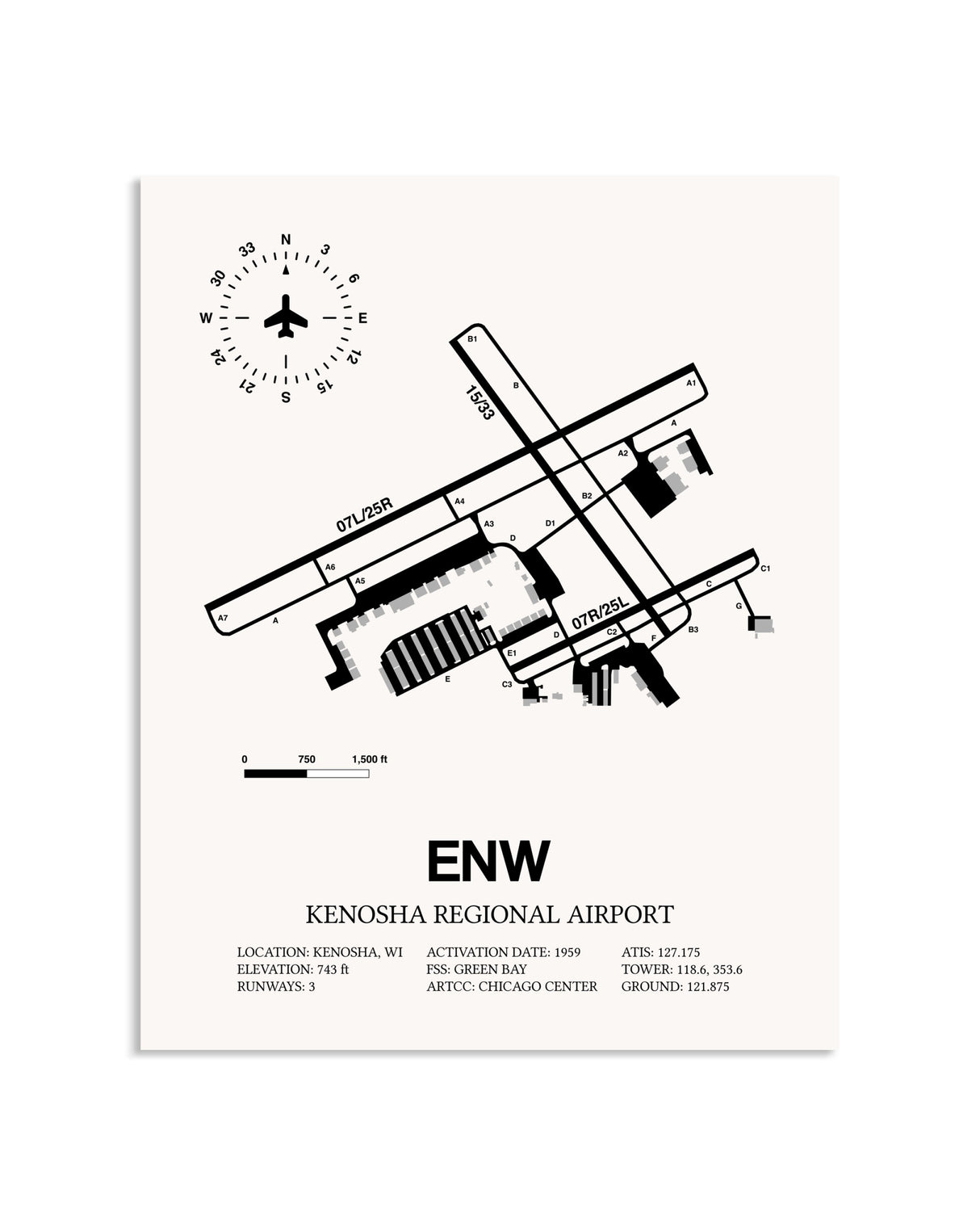 Gray Kenosha Regional Airport framed poster displayed in an airplane hangar