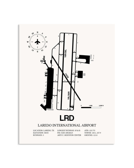 Gray Laredo International Airport framed poster displayed in an airplane hangar