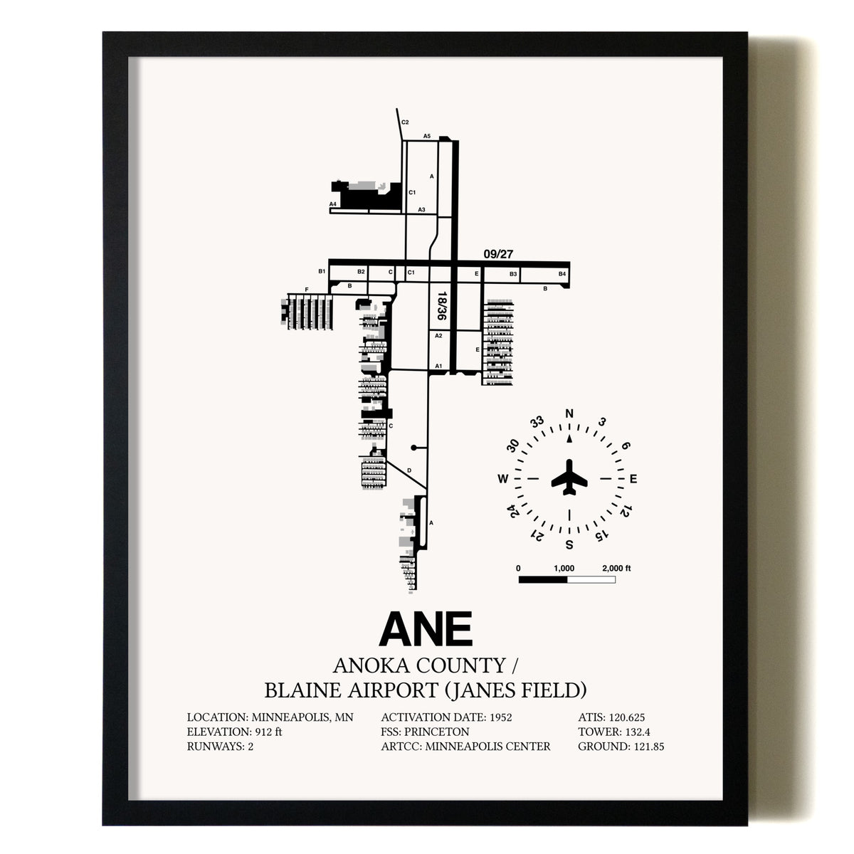 Anoka County/Blaine Airport (Janes Field) Map Wall Art Framed Print ...