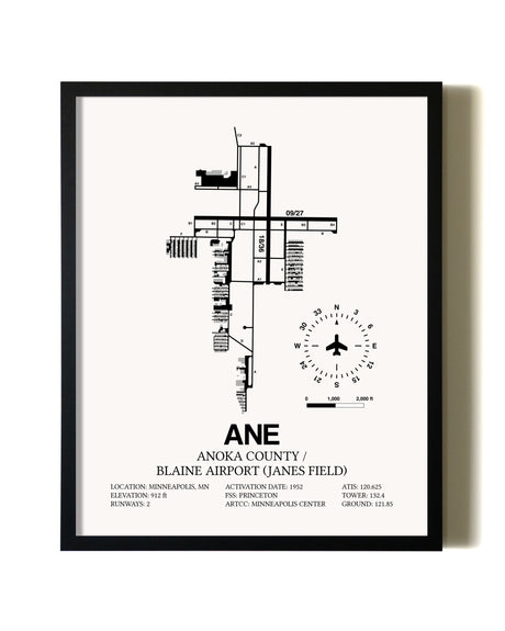 Framed Anoka County/Blaine Airport (Janes Field) wall art poster in black frame