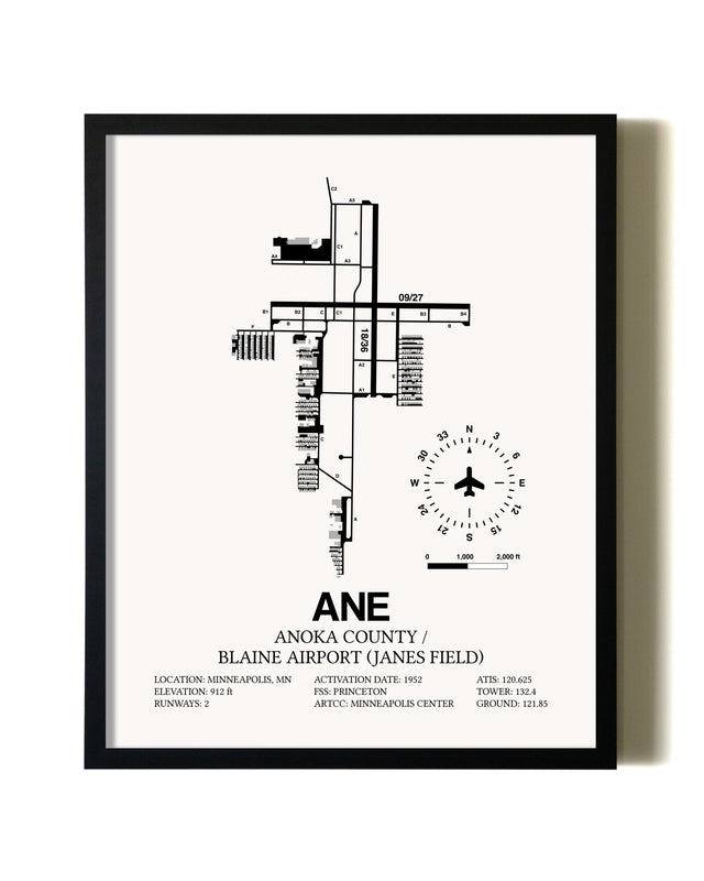 Framed Anoka County/Blaine Airport (Janes Field) wall art poster in black frame