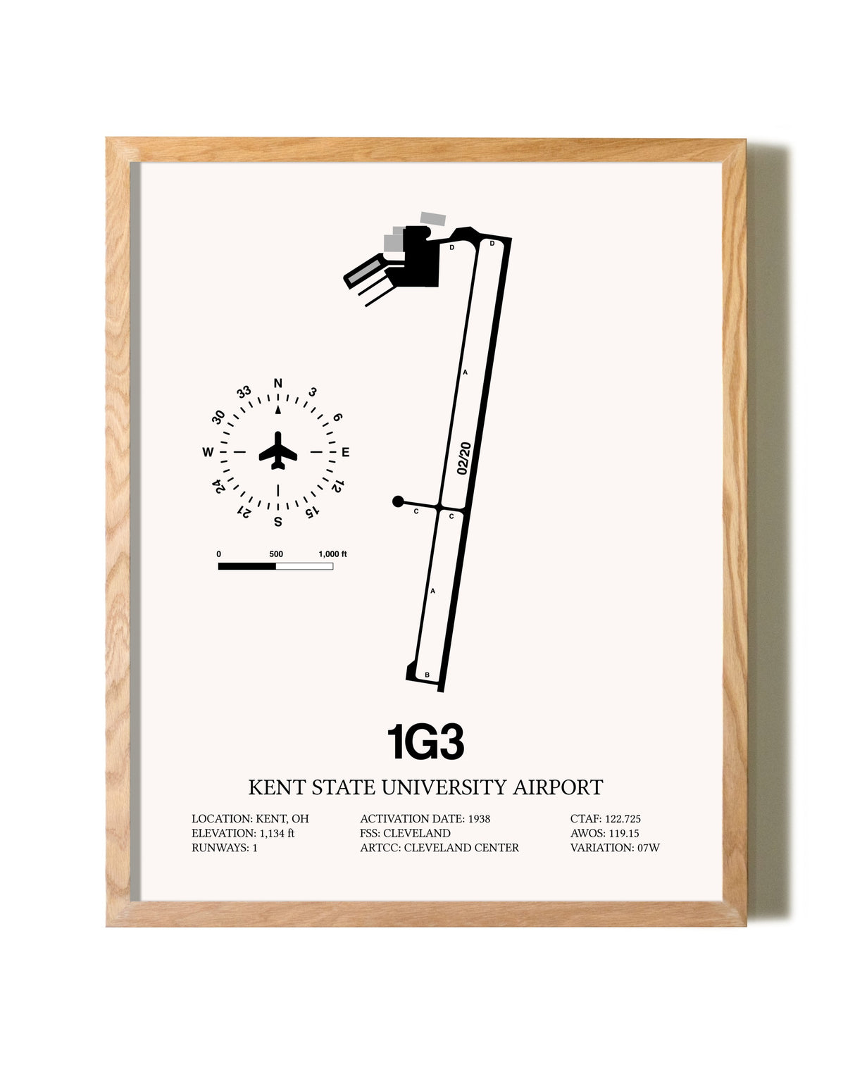 Kent State University Airport framed print in natural wood frame