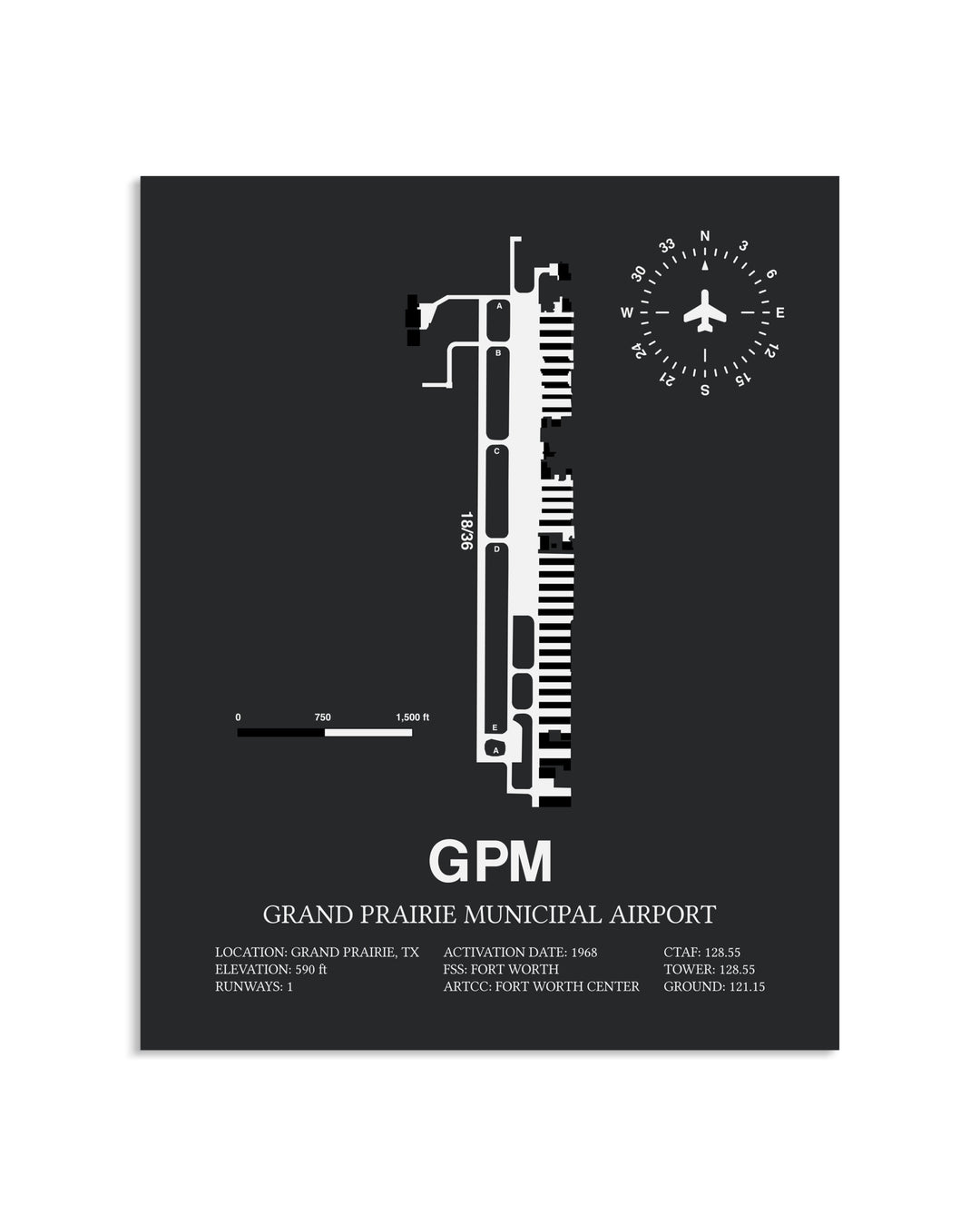 Gray Framed Grand Prairie Municipal Airport layout wall art poster