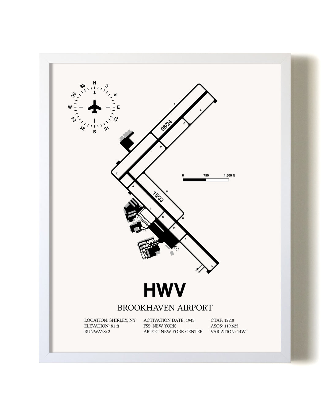 Brookhaven Airport airport map poster in oak frame