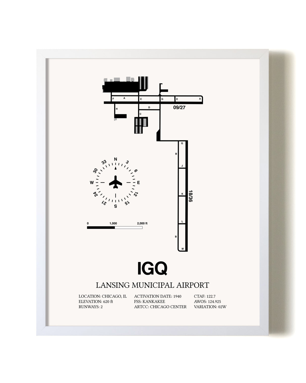 Lansing Municipal Airport airport map poster in oak frame