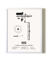 Lansing Municipal Airport airport map poster in oak frame