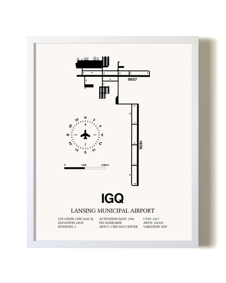 Lansing Municipal Airport airport map poster in oak frame