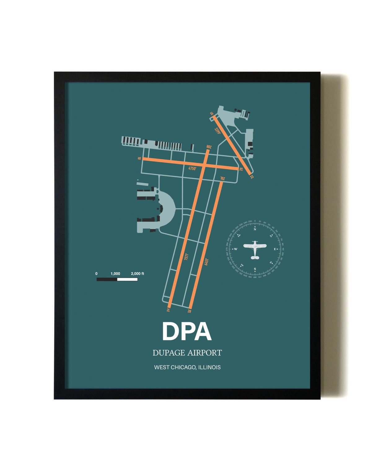 Green DuPage Airport aviation wall décor in black wood frame