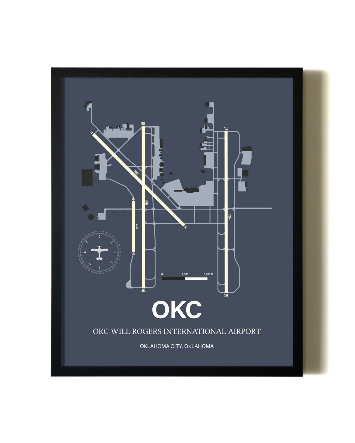Blue and Cream Framed OKC Will Rogers International Airport layout wall art poster