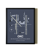 Blue and Cream Framed OKC Will Rogers International Airport layout wall art poster