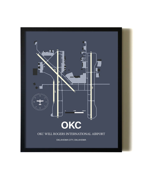 Blue and Cream Framed OKC Will Rogers International Airport layout wall art poster