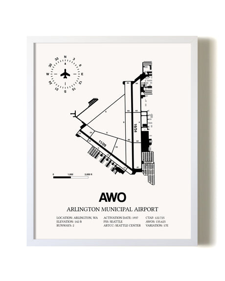 Arlington Municipal Airport airport map poster in oak frame