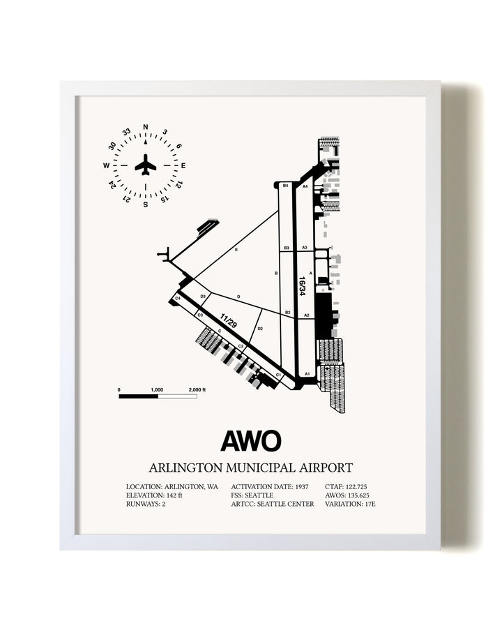 Arlington Municipal Airport airport map poster in oak frame
