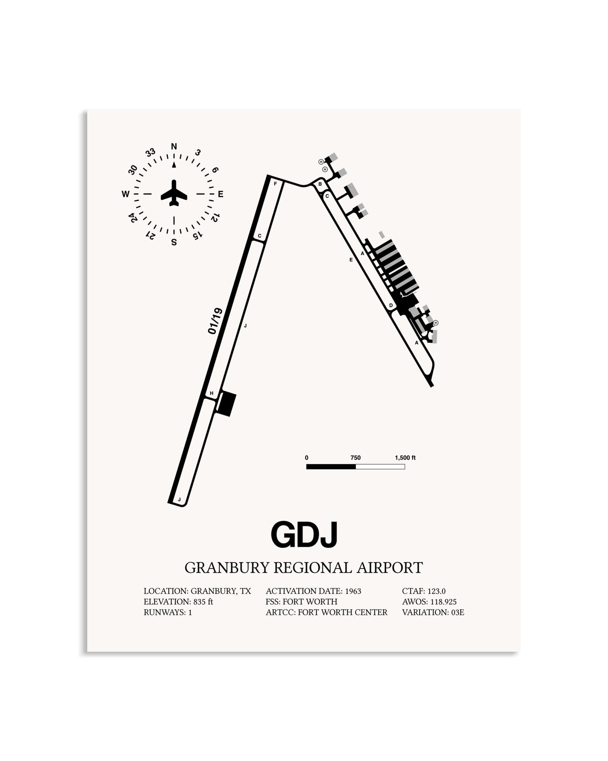 Gray Granbury Regional Airport framed poster displayed in an airplane hangar