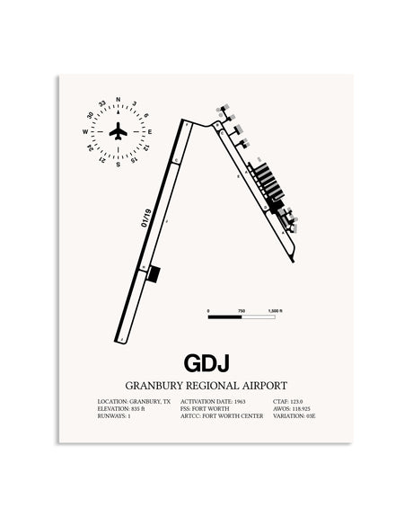 Gray Granbury Regional Airport framed poster displayed in an airplane hangar