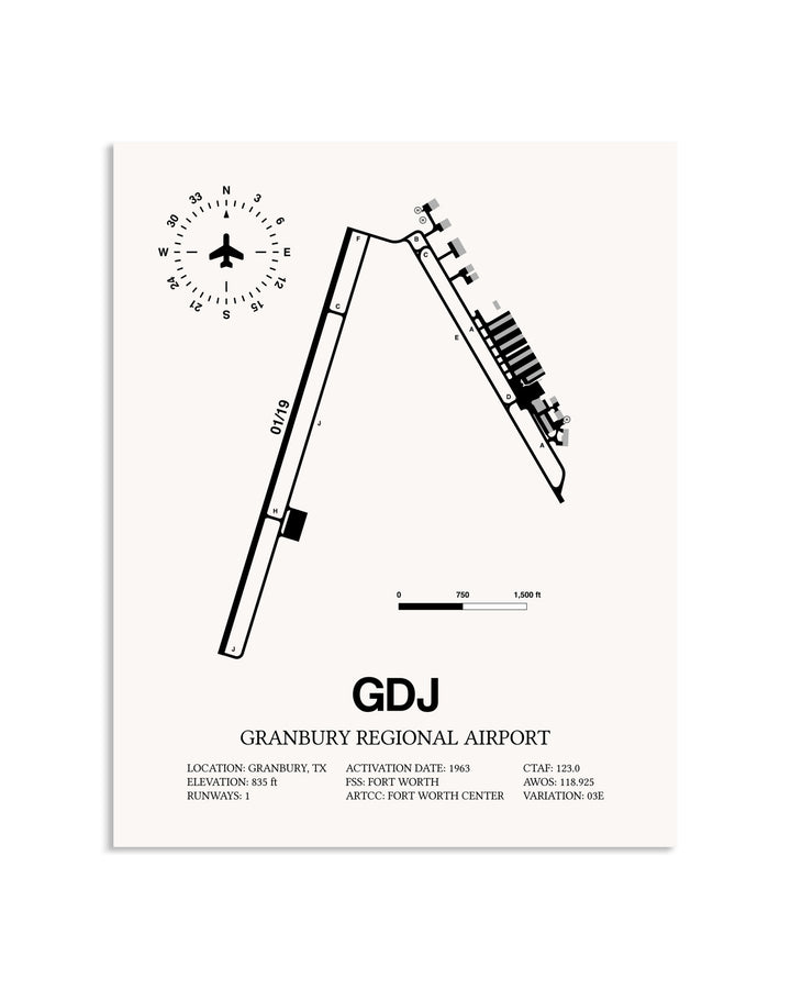 Gray Granbury Regional Airport framed poster displayed in an airplane hangar