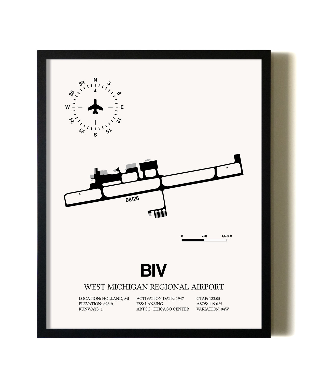 Framed West Michigan Regional Airport wall art poster in black frame
