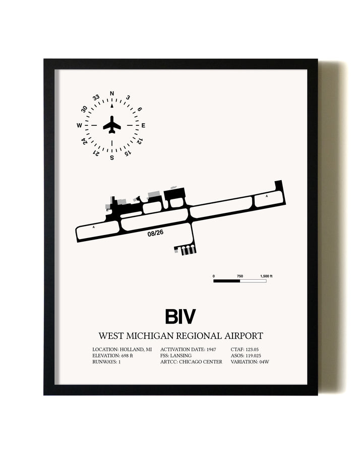 Framed West Michigan Regional Airport wall art poster in black frame
