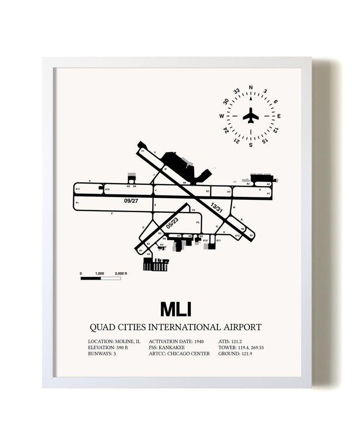 Quad Cities International Airport airport map poster in oak frame
