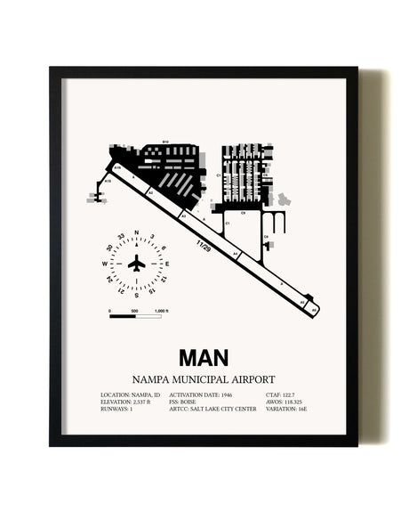 Framed Nampa Municipal Airport wall art poster in black frame
