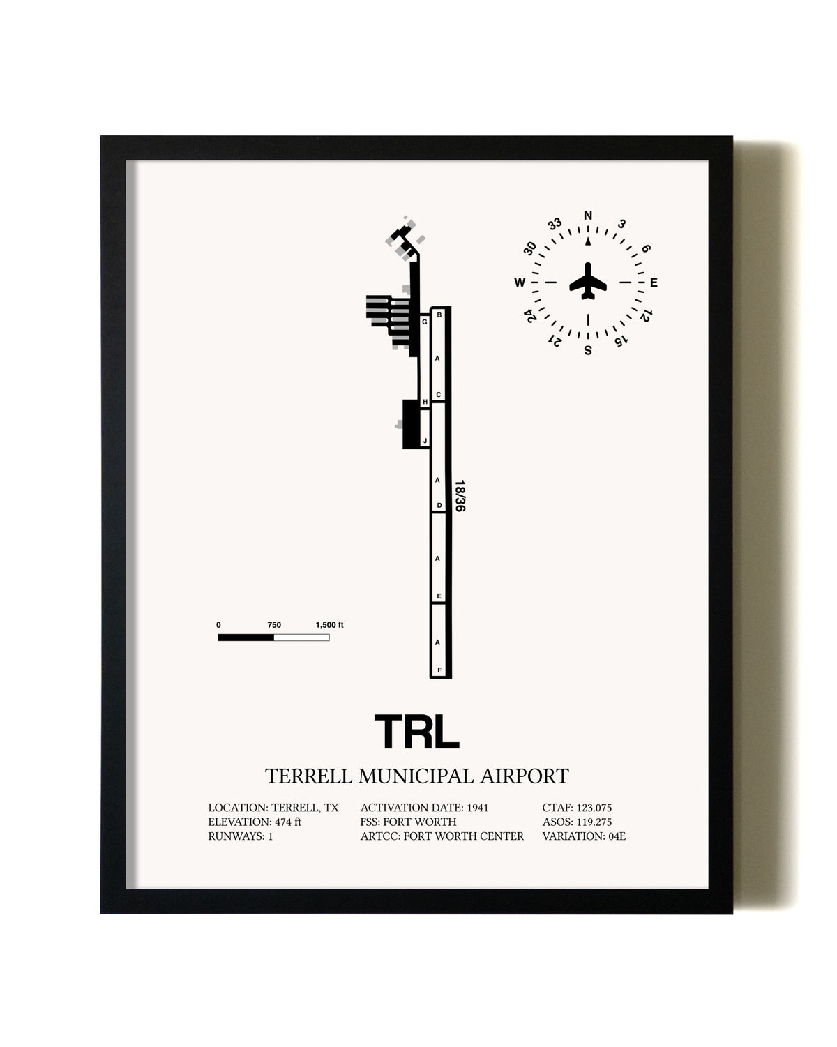 Framed Terrell Municipal Airport wall art poster in black frame