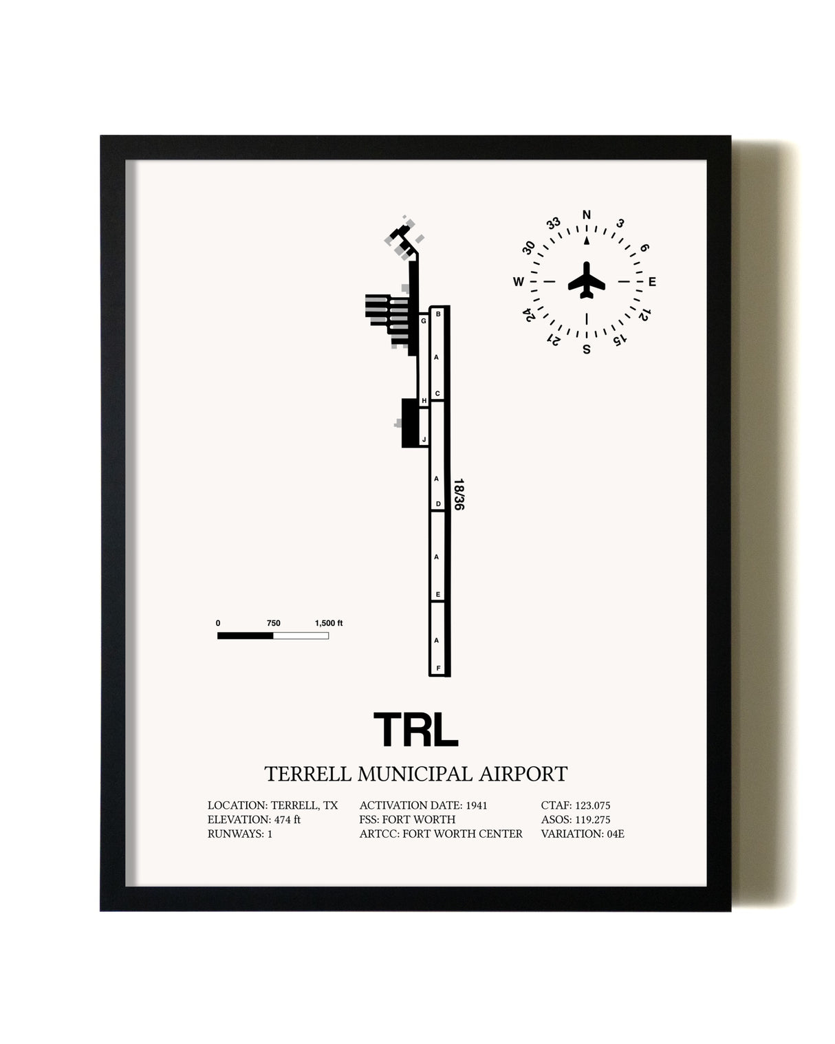 Framed Terrell Municipal Airport wall art poster in black frame