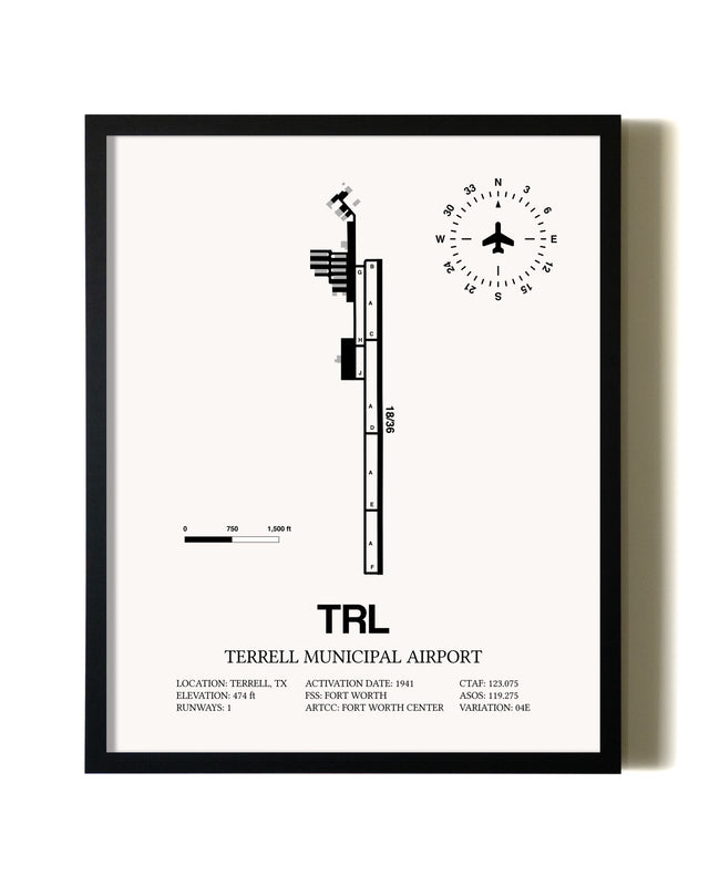 Framed Terrell Municipal Airport wall art poster in black frame