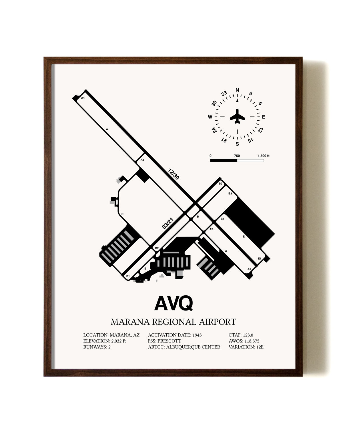 Marana Regional Airport aviation print in walnut frame