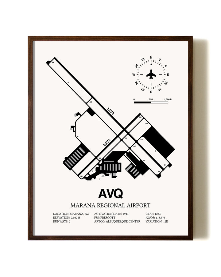 Marana Regional Airport aviation print in walnut frame
