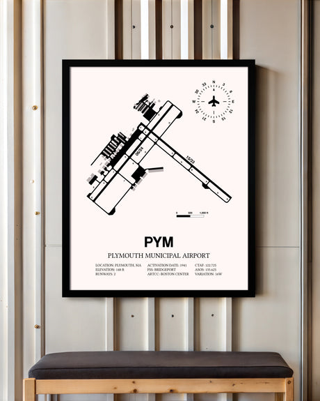 Plymouth Municipal Airport framed poster displayed in an airplane hangar