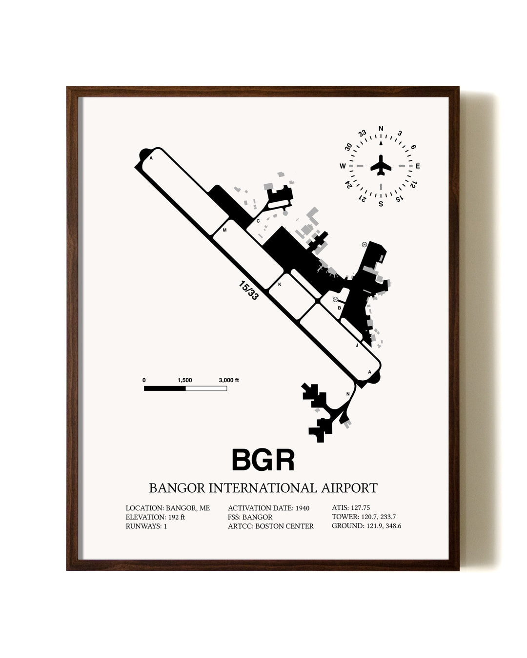 Bangor International Airport aviation print in walnut frame