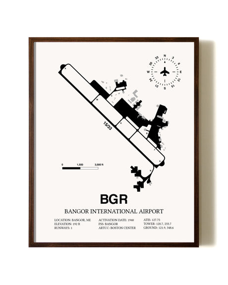 Bangor International Airport aviation print in walnut frame