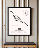Finleyville Airpark framed poster displayed in an airplane hangar