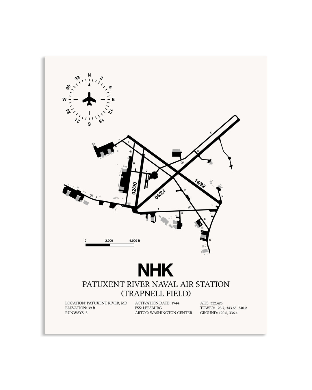 Gray Patuxent River Naval Air Station (Trapnell Field) framed poster displayed in an airplane hangar