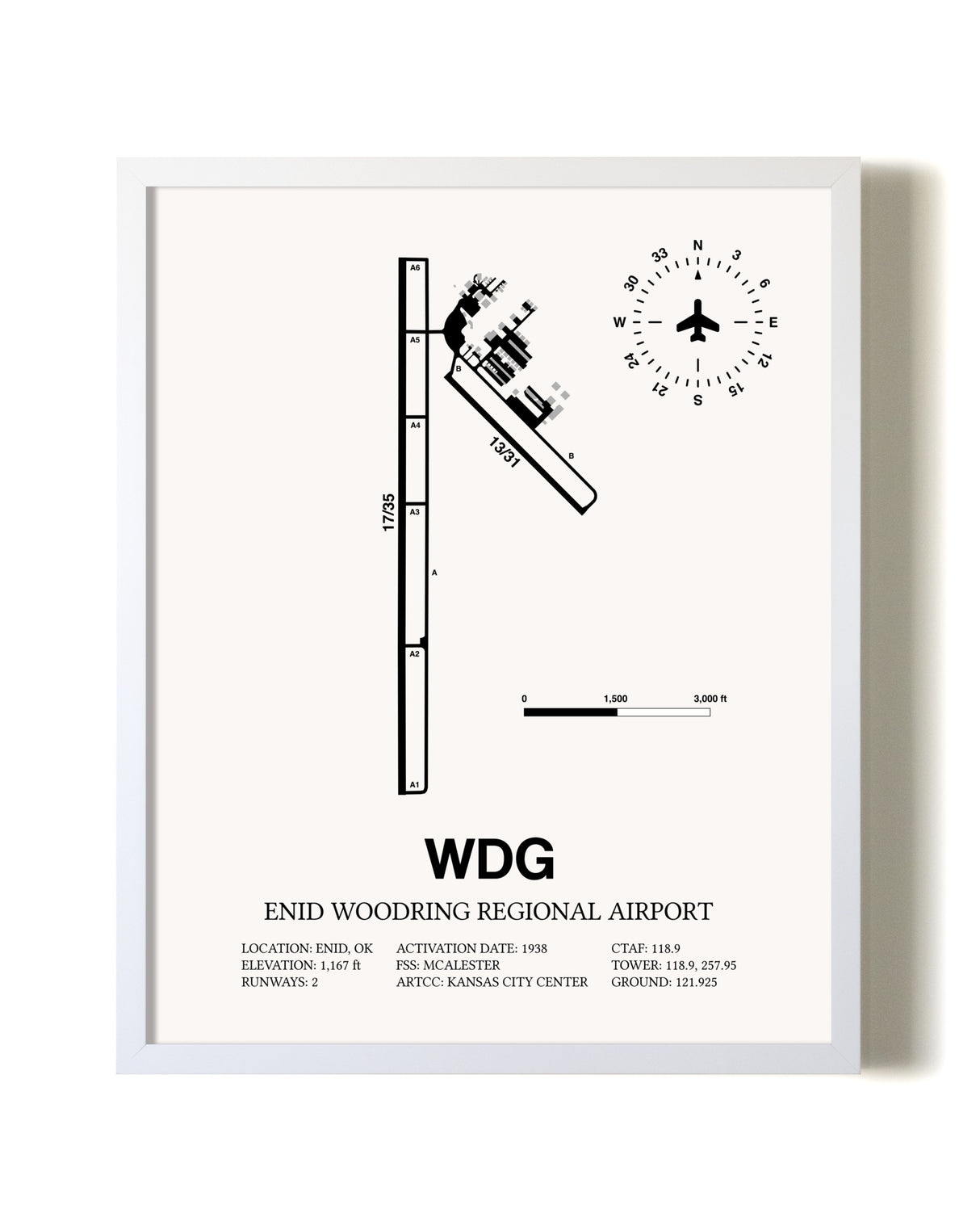 Enid Woodring Regional Airport airport map poster in oak frame