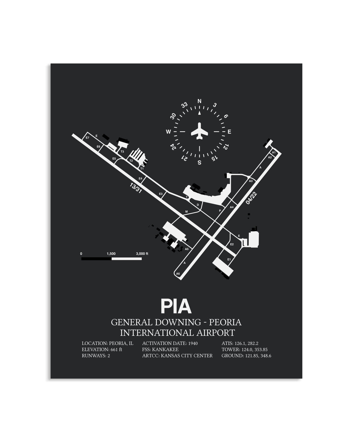 Gray Framed General Downing-Peoria International Airport layout wall art poster