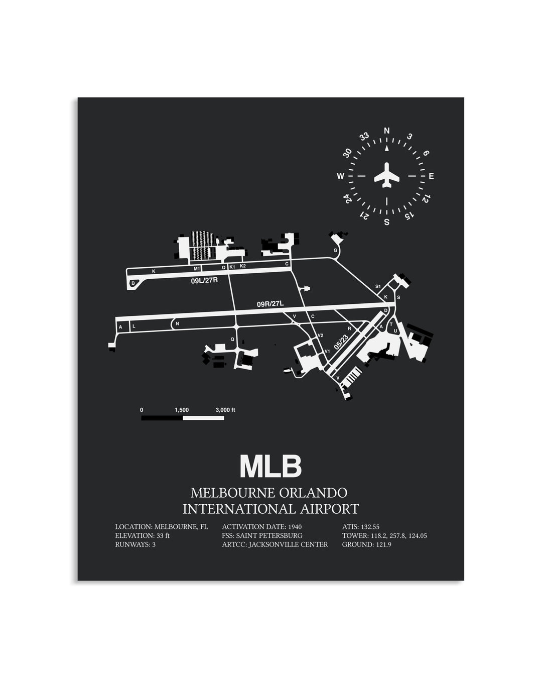 Gray Framed Melbourne Orlando International Airport layout wall art poster