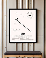 Cape Canaveral Space Force Station Skid Strip Airport framed poster displayed in an airplane hangar