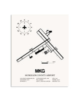 Gray Muskegon County Airport framed poster displayed in an airplane hangar