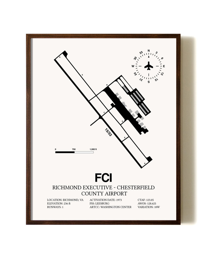Richmond Executive-Chesterfield County Airport aviation print in walnut frame